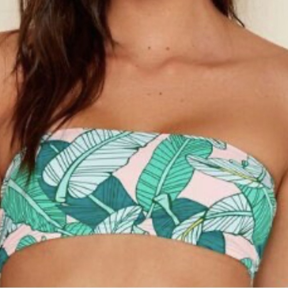 Dippin’ Daisy’s Icon Palm Pink Green Bandeau Strapless Bikini Top Size Large